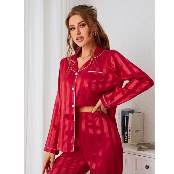 Satin Red Stripes 2 Piece Pajamas Set - Picture 5 of 7